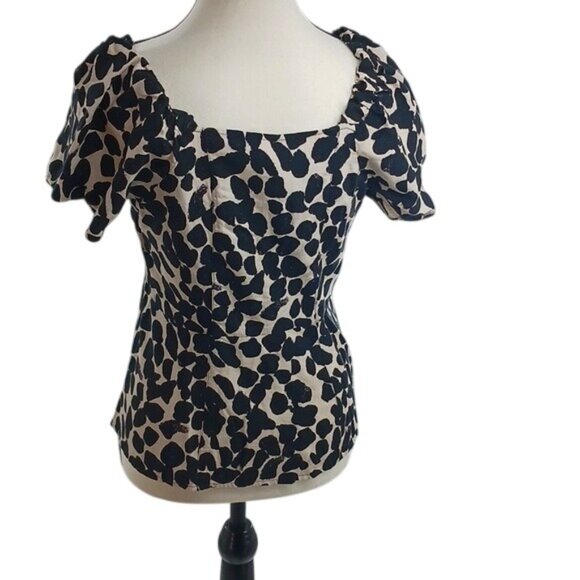 H&M Blouse Black Cream Puff Short Sleeve Animal Print Linen Blend Womens Size M - Picture 5 of 7
